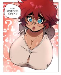 Rule 34 | 1girl, ?, blue eyes, blush, breasts, bursting breasts, cleavage, english text, glasses, highres, huge breasts, lips, looking at viewer, maxine (balak), open mouth, oral invitation, original, red hair, shirt, short hair, solo, speech bubble, thick eyebrows, white shirt, yves bigerel