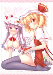 Rule 34 | 2girls, black legwear, blonde hair, blush, breasts, clothes lift, crescent, embodiment of scarlet devil, fang, feet, female focus, flandre scarlet, flat chest, hanging breasts, hat, large breasts, legs, long hair, multiple girls, nipples, no shoes, nullken, open clothes, open shirt, patchouli knowledge, purple eyes, purple hair, red eyes, shirt, short hair, side ponytail, sitting, skirt, skirt lift, smile, thighhighs, touhou, wariza, wings