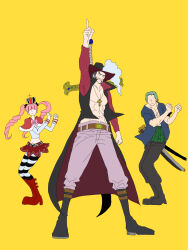 Rule 34 | 1girl, 2boys, abs, alternate legwear, arm up, beard, black hair, blunt bangs, coat, cross pendant, crown, dancing, dracule mihawk, drill hair, earrings, facial hair, full body, green hair, hat feather, highres, jewelry, multiple boys, mustache, no eyes, one piece, open clothes, open coat, open shirt, pantyhose, perona, pink hair, roronoa zoro, scar, scar on chest, short hair, sideburns, simple background, single earring, striped clothes, striped pantyhose, teputamu, twintails, yellow background, yoru (sword)