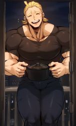 Rule 34 | 1boy, all might, bara, biceps, blonde hair, boku no hero academia, building, closed eyes, denim, door, fence, food, frown, highres, holding, holding food, iron fence, jeans, large pectorals, long hair, looking at viewer, male focus, manly, mature male, muscular, muscular male, nasu b, nervous, nervous smile, night, night sky, open mouth, outdoors, pants, pectorals, pot, shirt, sky, smile, solo, t-shirt, teeth, thick arms, thick eyebrows, thick thighs, thighs, tight clothes, tongue