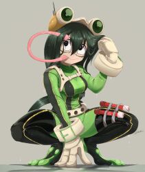 Rule 34 | 1girl, absurdres, asui tsuyu, belt, black eyes, black hair, bodysuit, boku no hero academia, boots, bow-shaped hair, breasts, eyewear on head, female focus, flare, frog girl, full body, gloves, goggles, goggles on head, green bodysuit, green hair, grey background, hair between eyes, hair rings, highres, large hands, long hair, long tongue, looking aside, looking up, low-tied long hair, medium breasts, monster girl, raps (yohomeboyraps), reflective floor, shadow, shoes, simple background, smile, solo, squatting, superhero costume, thigh boots, thighhighs, tongue, tongue out, very long hair, wet, wet hair, white gloves
