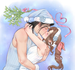 Rule 34 | 1boy, 1girl, aerith gainsborough, aerith gainsborough (fairy of snowfall), arms around neck, bare shoulders, black hair, blush, braid, braided ponytail, brown hair, christmas, closed eyes, couple, crylin6, final fantasy, final fantasy vii, final fantasy vii ever crisis, final fantasy vii remake, from side, fur-trimmed headwear, fur trim, hair ribbon, hand on another&#039;s back, hat, hetero, highres, hug, kiss, long hair, mistletoe, parted bangs, pink ribbon, pom pom (clothes), ribbed sweater, ribbon, santa hat, sweater, turtleneck, turtleneck sweater, upper body, white sweater, zack fair