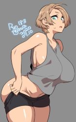 Rule 34 | 1girl, 2020, agawa ryou, aqua eyes, ass, bare shoulders, breasts, brown hair, collarbone, commentary, dated, grey background, groin, huge breasts, looking at viewer, no panties, original, short hair, short shorts, shorts, sideboob, signature, solo, sweatdrop, thick thighs, thighs