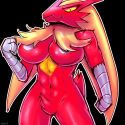 Rule 34 | 1girl, abs, artist name, black background, black eyes, blaziken, blonde hair, boiful, breasts, clenched hands, colored sclera, creatures (company), female focus, furry, furry female, game freak, gen 3 pokemon, hand up, large breasts, long hair, looking at viewer, navel, nintendo, nipples, outline, pokemon, pokemon (creature), pokemon rse, shiny skin, signature, simple background, solo, standing, text focus, yellow sclera