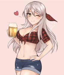Rule 34 | 1girl, artist name, beer mug, blush, breasts, checkered clothes, checkered shirt, cleavage, commission, cropped shirt, cup, denim, denim shorts, fire emblem, fire emblem: radiant dawn, grey hair, groin, hair ribbon, hand on own hip, heart, highres, large breasts, long hair, lowleg, lowleg shorts, micaiah (fire emblem), midriff, mug, nintendo, one eye closed, pink background, purrlucii, ribbon, shirt, short shorts, short sleeves, shorts, signature, simple background, solo, tied shirt, twin peaks (restaurant), yellow eyes