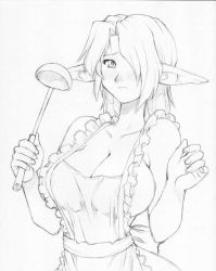 Rule 34 | apron, blush, breasts, elf, huge breasts, ladle, monochrome, naked apron, original, pointy ears