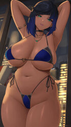 Rule 34 | 1girl, alternate breast size, armlet, armpits, bikini, black choker, black hair, blue bikini, blue hair, blush, bob cut, breasts, choker, collarbone, commentary, english commentary, genshin impact, green eyes, highres, jewelry, large breasts, looking at viewer, mole, mole on breast, multicolored hair, navel, necklace, parted lips, short hair, side-tie bikini bottom, solo, sweat, swimsuit, thick thighs, thighs, two-tone hair, yelan (genshin impact), zaphn