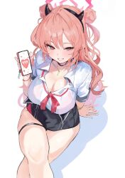 Rule 34 | 1girl, absurdres, black skirt, blue archive, blush, breasts, cellphone, cleavage, collared shirt, double bun, fake horns, ggab0621, grin, hair bun, halo, highres, holding, holding phone, horns, kirara (blue archive), large breasts, long hair, phone, pink eyes, pink hair, pink halo, shirt, short sleeves, simple background, skirt, smartphone, smile, solo, thigh strap, white background, white shirt