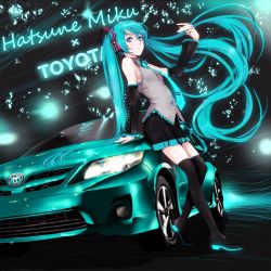 Rule 34 | 1girl, aqua eyes, aqua hair, bad id, bad pixiv id, boots, car, character name, detached sleeves, hatsune miku, headphones, long hair, motor vehicle, necktie, ntw-20 (artist), skirt, solo, thigh boots, thighhighs, toyota, twintails, vehicle, vehicle focus, very long hair, vocaloid