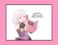 Rule 34 | 1girl, book, border, disgust, earrings, english text, fate/grand order, fate (series), gold earrings, holding, holding book, jewelry, kama (fate), kama (first ascension) (fate), kama sutra (book), multiple rings, nail polish, oneroom-disco, open mouth, pink border, pink eyes, pink ribbon, profanity, purple nails, reading, ribbon, ring, short hair, simple background, solo, white background, white hair