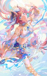 Rule 34 | 1girl, artist name, bare shoulders, blue eyes, blue skirt, breasts, detached sleeves, feet out of frame, genshin impact, gladiator sandals, halterneck, harem outfit, highres, horns, hydrokinesis, jewelry, kirabunni, long hair, long sleeves, looking at viewer, medium breasts, midriff, nilou (genshin impact), outstretched hand, parted bangs, puffy long sleeves, puffy sleeves, red hair, sandals, sidelocks, skirt, smile, solo, water, watermark