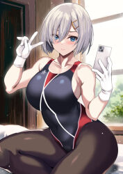 Rule 34 | 1girl, alternate costume, black one-piece swimsuit, black pantyhose, blue eyes, breasts, cellphone, closed mouth, commentary request, competition swimsuit, covered navel, gloves, grey hair, hair between eyes, hair ornament, hairclip, hamakaze (kancolle), hands up, highleg, highleg swimsuit, highres, holding, holding phone, indoors, kantai collection, kyogoku shin, large breasts, looking at phone, one-piece swimsuit, pantyhose, pantyhose under swimsuit, phone, red one-piece swimsuit, selfie, short hair, sitting, solo, swimsuit, thighs, two-tone swimsuit, v, variant set, white gloves