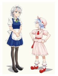 Rule 34 | 2girls, apron, black footwear, black legwear, blue dress, blue eyes, blue hair, border, bow, braid, breasts, brooch, commentary request, dress, frilled apron, frilled shirt collar, frills, full body, green bow, green ribbon, grey background, hair bow, hands on own hips, hat, highres, izayoi sakuya, jewelry, looking at another, maid, maid apron, maid headdress, mary janes, mob cap, multiple girls, neck ribbon, own hands together, pantyhose, petticoat, pink dress, pink headwear, profile, puffy short sleeves, puffy sleeves, red eyes, red footwear, red neckwear, red sash, remilia scarlet, ribbon, sash, shadow, shirt, shoes, short dress, short hair, short sleeves, sidelocks, silver hair, simple background, small breasts, smile, socks, standing, thighband pantyhose, touhou, twin braids, waist apron, white apron, white border, white legwear, white shirt, wrist cuffs, yukimiharu