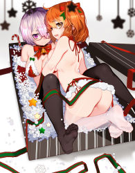 Rule 34 | 2girls, all fours, arched back, ass, bikini, black legwear, blurry, blush, box, breasts, brown eyes, christmas, cleavage, closed mouth, commentary request, convenient arm, depth of field, fate/grand order, fate (series), feet, fujimaru ritsuka (female), fur trim, gift, gift box, glasses, hair between eyes, in box, in container, large breasts, light purple hair, looking at viewer, looking back, lying, mash kyrielight, medium breasts, microskirt, multiple girls, no shoes, on back, orange hair, pantyhose, purple eyes, red bikini, red skirt, revision, semi-rimless eyewear, side ponytail, skirt, soles, star (symbol), swimsuit, thighhighs, toes, topless, under-rim eyewear, wavy mouth, white legwear, xiaoshou xiansheng