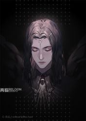 Rule 34 | 1boy, angel, black background, black hair, chinese commentary, closed eyes, closed mouth, commentary request, dated, long hair, lord of the mysteries, reloon, sasrir (lord of the mysteries), solo, tiara