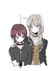 Rule 34 | 2girls, black choker, black jacket, blue eyes, blush, brown hair, choker, closed mouth, commentary request, d a n g 3, fang, girls band cry, grey eyes, grey hair, height difference, iseri nina, jacket, kawaragi momoka, korean commentary, long hair, multiple girls, shirt, short twintails, simple background, skin fang, smile, twintails, upper body, white background, yellow shirt