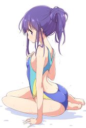 Rule 34 | 1girl, arm support, ass, barefoot, blue one-piece swimsuit, breasts, competition swimsuit, from behind, hair between eyes, hand on own chest, highres, hinata yukari, looking at viewer, mel (melty pot), one-piece swimsuit, profile, purple eyes, purple hair, simple background, sitting, small breasts, solo, swimsuit, white background, yokozuwari, yuyushiki
