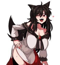 Rule 34 | 1girl, ahoge, animal ears, bare shoulders, black hair, blush, breasts, cleavage, collarbone, cowboy shot, dress, formicid, hair between eyes, heart, heart-shaped pupils, imaizumi kagerou, jewelry, large breasts, long sleeves, looking at viewer, off-shoulder dress, off shoulder, one eye closed, open mouth, puffy long sleeves, puffy sleeves, red eyes, sharp teeth, simple background, solo, symbol-shaped pupils, tail, teeth, touhou, white background, white dress, wolf ears, wolf girl, wolf tail