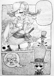 Rule 34 | 2koma, absurdres, annie (skullgirls), belt pouch, braid, buck teeth, chronozbergh, closed eyes, comic, crossed arms, eyepatch, glasses, greyscale, hat, highres, juliet sleeves, long sleeves, monochrome, nerd emoji, open mouth, peacock (skullgirls), pouch, puffy sleeves, sagan (skullgirls), skirt, skullgirls, speech bubble, teeth, thighhighs, thought bubble, top hat, traditional media, twin braids