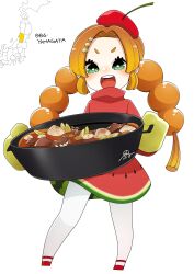 Rule 34 | 1girl, :d, absurdres, beret, braid, bright pupils, food, food print, green eyes, hat, highres, holding cooking pot, japan, long hair, mushroom, nobel (nobel827), open mouth, orange hair, original, oven mitts, personification, smile, solo, twin braids, watermelon print, white background, white pupils, yamagata prefecture
