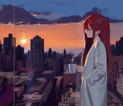 Rule 34 | 1girl, ahoge, city, closed eyes, cloud, coffee mug, cup, from side, gradient sky, hand in pocket, highres, long hair, long sleeves, mug, one side up, open mouth, original, profile, red hair, shirt, sky, solo, some1else45, steam, sunlight, tears, twilight, white shirt, window, yawning
