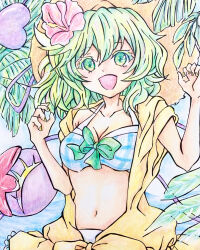 Rule 34 | 0917yuka, 1girl, :d, bikini, blue bikini, breasts, cleavage, commentary request, green eyes, green hair, heart, komeiji koishi, komeiji koishi (the excited eyes of love), looking at viewer, medium breasts, navel, open mouth, outdoors, short hair, smile, solo, starfish, swimsuit, third eye, touhou, touhou lostword, traditional media, upper body