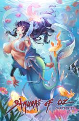 Rule 34 | 1girl, absurdres, bare shoulders, black hair, breasts, colorful, commission, cover, cover page, dorothy blade, fantasy, fish, goldfish, highres, japanese clothes, kimono, unworn kimono, large breasts, lena dai, long hair, looking at viewer, looking to the side, mermaid, monster girl, navel, nude, ocean, seafloor, parted lips, photoshop (medium), pink lips, pinup (style), purple hair, red eyes, samurai of oz, solo, wrist wrap