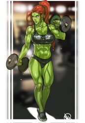 Rule 34 | 1girl, abs, clothes writing, colored skin, dumbbell, exercising, female orc, green skin, lazgar (kitbashstudios), midriff, muscular, muscular female, navel, orc, ponytail, red hair, sweat, tank top, tusks, weightlifting