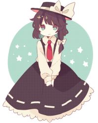 Rule 34 | 1girl, :&lt;, bad id, bad twitter id, bow, brown eyes, brown hair, daizu (melon-lemon), hair bow, hat, hat bow, highres, looking at viewer, necktie, red necktie, ribbon, shirt, short hair, simple background, skirt, solo, sparkle, star (symbol), touhou, two-tone background, unmoving pattern, usami renko, v arms