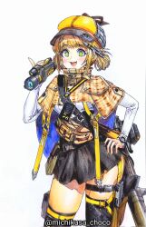 Rule 34 | + +, 1girl, bag, black skirt, blush, breasts, camera, capelet, colored pencil (medium), double bun, goddess of victory: nikke, green eyes, hair bun, hand on own hip, hat, highres, holding, holding camera, light brown hair, long sleeves, looking at viewer, medium breasts, michikusa choco, novel (nikke), open mouth, parted lips, pen, pen behind ear, plaid, plaid capelet, shirt, simple background, skirt, solo, traditional media, twitter username, white background, white shirt