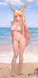 Rule 34 | 1girl, absurdres, animal ears, arm behind back, bare legs, barefoot, beach, bikini, blonde hair, blue sky, blush, breasts, cleavage, commission, day, fate/grand order, fate (series), full body, gg amang, halterneck, heart, heart-shaped pupils, highres, large breasts, lens flare, long hair, looking at viewer, nail polish, navel, outdoors, parted lips, pink eyes, pink nails, sidelocks, sky, solo, sparkle, standing, string bikini, swimsuit, symbol-shaped pupils, thrud (fate), valkyrie (fate), very long hair, water, white bikini