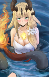 Rule 34 | 1girl, arknights, bathing, blonde hair, blush, breasts, cleavage, dokonjou (odossan), dragon horns, dragon tail, dress, fire, flame-tipped tail, flower, green eyes, hair flower, hair ornament, highres, horns, large breasts, long hair, looking at viewer, no bodystocking, reed (arknights), reed the flame shadow (arknights), smile, solo, tail, water, white dress, white flower
