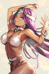 Rule 34 | 1girl, armlet, armor, arms up, bare shoulders, bikini armor, bracelet, closed mouth, collar, dark-skinned female, dark skin, dragon quest, dragon quest iv, earrings, fingernails, grey background, headpiece, hungry clicker, jewelry, long hair, looking at viewer, manya (dq4), metal collar, navel, parted bangs, pearl earrings, pelvic curtain, purple eyes, purple hair, smile, solo, square enix, standing, upper body