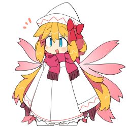 Rule 34 | 1girl, blonde hair, blue eyes, blush, coat, cowboy shot, cropped legs, fairy, fairy wings, gloves, hair between eyes, hat, highres, ini (inunabe00), lily white, long hair, long sleeves, open mouth, red gloves, simple background, smile, solo, touhou, white background, white coat, white hat, wings