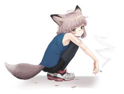 Rule 34 | 1girl, ahoge, animal ears, arknights, bare arms, bare shoulders, between fingers, black pantyhose, black shorts, blouse, blue eyes, blue shirt, blush, brown hair, cigarette, closed mouth, fox ears, fox girl, fox tail, from behind, full body, highres, holding, holding cigarette, pantyhose under shorts, looking at viewer, looking back, pantyhose, radioneet, shirt, shoes, short hair, short shorts, shorts, sleeveless, sleeveless shirt, smoke, sneakers, solo, squatting, sussurro (arknights), tail, white footwear
