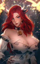 Rule 34 | 1girl, absurdres, animal ears, animal print, bare shoulders, bell, belt, blue eyes, breasts, cleavage, collar, cow ears, cow horns, cow print, cowbell, earrings, highres, horns, jewelry, large breasts, league of legends, long hair, looking at viewer, miss fortune (league of legends), mole, mole under eye, red hair, roll out road, solo