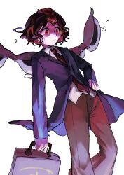 Rule 34 | 1other, androgynous, blue suit, briefcase, brown hair, brown pants, closed mouth, collared jacket, collared shirt, commentary request, flying teardrops, formal, frown, hand on own hip, headgear, highres, holding, holding briefcase, jacket, kokutenshi hibaru, korean commentary, len&#039;en, long sleeves, looking ahead, necktie, pants, red eyes, red headwear, red necktie, shirt, short hair, suit, waiwa way, white background, white shirt, wings