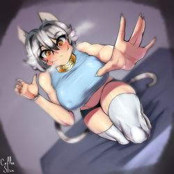 Rule 34 | 1girl, :3, animal ears, bare arms, bed sheet, blush, bracelet, breasts, cat ears, cat girl, cat tail, coffeeslice, fingernails, grey hair, hair between eyes, heart, heart-shaped pupils, highres, jewelry, large breasts, looking at viewer, midriff, original, sharp fingernails, short hair, short shorts, shorts, sleeveless, smile, solo, symbol-shaped pupils, tail, thighhighs, thighs, white thighhighs, yellow eyes