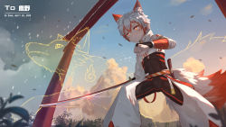 Rule 34 | 1boy, abs, animal ears, bird wings, bodysuit, cloud, commentary request, even1672, evening, half-closed eyes, male focus, original, outdoors, rain, red eyes, short hair, skin tight, sword, temple, weapon, wings, wolf