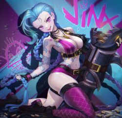 Rule 34 | 1girl, :d, absurdres, alternate breast size, ammunition, arcane: league of legends, arm tattoo, bare arms, bare shoulders, belt, belt buckle, bikini, bikini top only, black choker, black footwear, black gloves, black nails, blue hair, boots, braid, breasts, buckle, character name, choker, collarbone, dalcong, female focus, fingerless gloves, forehead, gloves, gradient hair, graffiti, gun, highres, holding, holding own hair, holding weapon, jewelry, jinx (league of legends), knee boots, kneeling, large breasts, league of legends, long hair, looking at viewer, multicolored bikini, multicolored clothes, multicolored hair, nail polish, navel, necklace, open mouth, purple eyes, purple hair, purple shorts, purple thighhighs, short shorts, shorts, single thighhigh, skindentation, smile, solo, stomach, swimsuit, tattoo, thighhighs, tongue, tongue out, twin braids, v-shaped eyebrows, very long hair, weapon