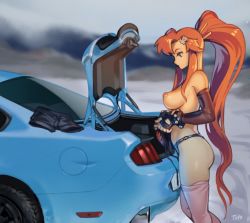 Rule 34 | 1girl, arm warmers, bad id, bad twitter id, blurry, blurry background, breasts, car, fingerless gloves, ford, ford mustang, ford mustang s550, from side, gloves, hair ornament, large breasts, long hair, motor vehicle, nipples, optionaltypo, outdoors, panties, pink thighhighs, ponytail, profile, red hair, shorts, signature, skull hair ornament, solo, tengen toppa gurren lagann, thighhighs, topless, underwear, underwear only, unworn shorts, very long hair, yoko littner