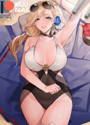 Rule 34 | 1girl, azur lane, bikini, blonde hair, blue eyes, casual one-piece swimsuit, covered navel, eyewear on head, flower, hair flower, hair ornament, hair over shoulder, hood (azur lane), hood (lady of the shining sun) (azur lane), jewelry, long hair, low ponytail, multicolored bikini, multicolored clothes, muunai, necklace, o-ring, o-ring swimsuit, one-piece swimsuit, solo, sunglasses, swimsuit, thigh strap, wide hips