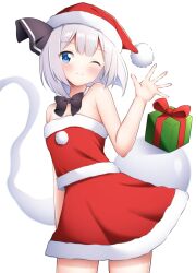 Rule 34 | 1girl, ;), bare shoulders, black bow, black bowtie, black hairband, blue eyes, bow, bowtie, box, christmas, closed mouth, cowboy shot, dress, ghost, gift, gift box, grey hair, hairband, highres, konpaku youmu, konpaku youmu (ghost), kurokaze, one eye closed, red dress, red headwear, santa costume, short hair, simple background, smile, solo, standing, touhou, white background