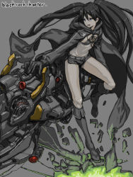 Rule 34 | 1girl, bad id, bad pixiv id, belt, bikini, bikini top only, black hair, black rock shooter, black rock shooter (character), blue eyes, boots, coat, flat chest, front-tie top, gloves, hood, hoodie, knee boots, leg lift, legs, long hair, mecha, open clothes, open mouth, photoshop (medium), robot, saitou masatsugu, scar, short shorts, shorts, solo, star (symbol), swimsuit, trench coat, twintails, very long hair