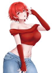 Rule 34 | 1girl, :o, azur lane, bare shoulders, belly chain, breasts, crop top, denim, elbow gloves, fingerless gloves, gloves, highres, jakqbigone, jeans, jewelry, large breasts, looking at viewer, midriff, nail polish, navel, off-shoulder shirt, off shoulder, open mouth, pants, red eyes, red gloves, red hair, red nails, red shirt, shirt, short hair, short sleeves, simple background, solo, stomach, upper body, weser (azur lane), white background
