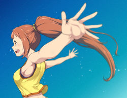 Rule 34 | 10s, 1girl, :d, armpits, blurry, brown eyes, brown hair, depth of field, from side, gradient background, highres, idolmaster, idolmaster cinderella girls, long hair, midriff, open mouth, outstretched arms, ponytail, profile, sideways mouth, smile, solo, tank top, wakabayashi tomoka, yozo (stanky)