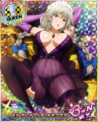 Rule 34 | 1girl, bare shoulders, black thighhighs, blue bow, bow, braid, breasts, card (medium), chess piece, cleavage, elbow gloves, female focus, gloves, grayfia lucifuge, grey eyes, grey hair, hair bow, high school dxd, jewelry, large breasts, long hair, looking at viewer, lying, maid headdress, matching hair/eyes, mature female, navel, necklace, official art, purple gloves, queen (chess), red lips, see-through, solo, thighhighs, twin braids