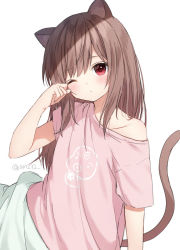 Rule 34 | 1girl, animal ear fluff, animal ears, anz32, bare shoulders, blush, brown hair, cat ears, cat girl, cat tail, closed mouth, collarbone, commentary request, hand up, long hair, nina (anz32), off shoulder, one eye closed, original, pink shirt, red eyes, rubbing eyes, shirt, short sleeves, simple background, solo, tail, twitter username, under covers, waking up, white background