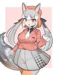 Rule 34 | 1girl, animal ears, aramaru, blazer, extra ears, fox ears, fox girl, fox tail, gloves, grey hair, hat, highres, island fox (kemono friends), jacket, kemono friends, kemono friends v project, long hair, looking at viewer, microphone, necktie, open mouth, pantyhose, ribbon, shirt, simple background, skirt, solo, tail, twintails, virtual youtuber, yellow eyes