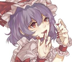 Rule 34 | 1girl, blood, brown eyes, hat, highres, kaneblob, parted lips, purple hair, remilia scarlet, short hair, simple background, smile, solo, touhou, white background